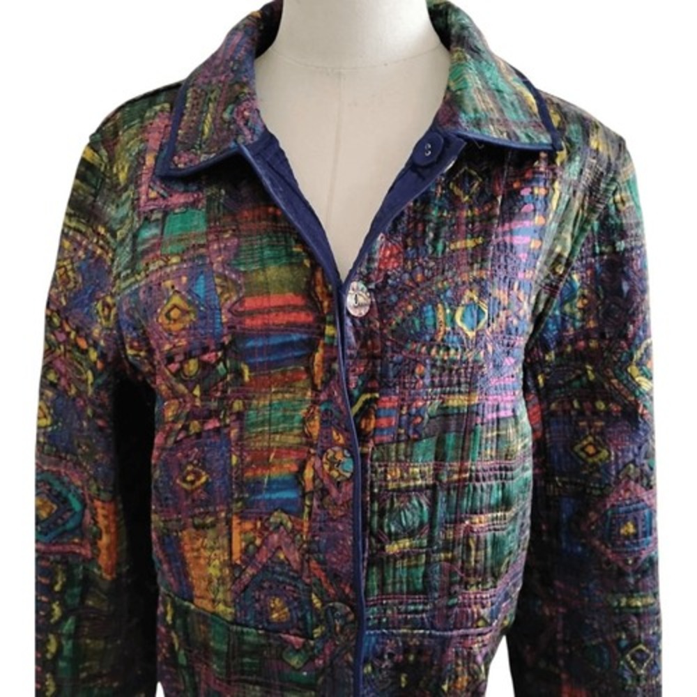 Chicos Navy/Abstract Print Reversible Quilted Jacket Size Medium - Picture 2 of 6